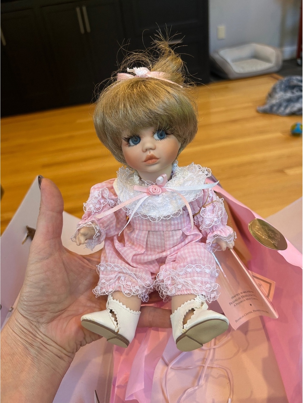 Maryse Nicole Peanut Porcelain Doll in Pink Gingham Outfit Box Papers